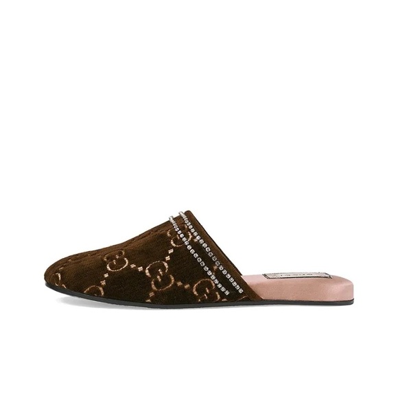 Velvet GG Monogram Crystal Womens Slipper Brown Vintage Cocoa - Picture 2 of 10